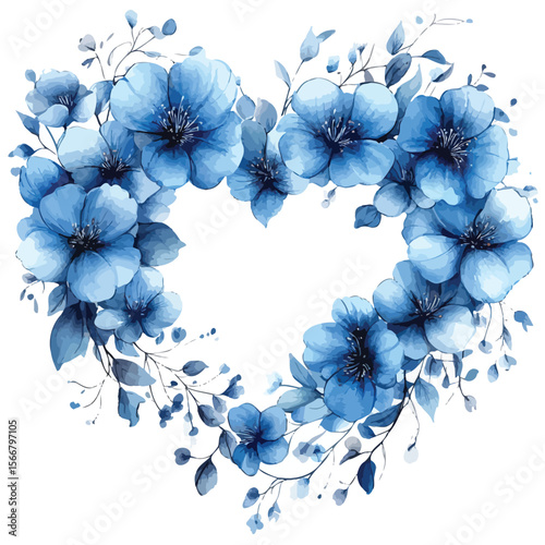Watercolor heart shaped wreath with soft blue hues and floral accents