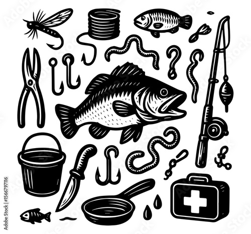 sticker fishing gear icon logo template set outdoor adventure hobby big bass fish