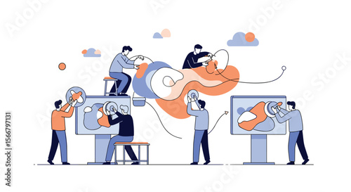 Creative team collaborating on a complex project developing innovative solutions through shared ideas and artistic expression