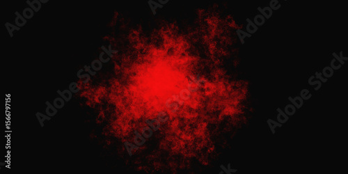 Red color powder explosion isolated on black background. Colorful dust explode. Paint Holi, dust particles splash. Network concept with spray. Futuristic technology element. 3D rendering.