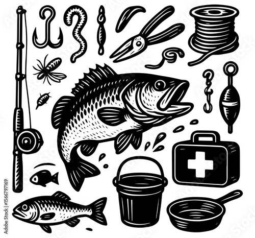 sticker fishing gear icon logo template set outdoor adventure hobby big bass fish
