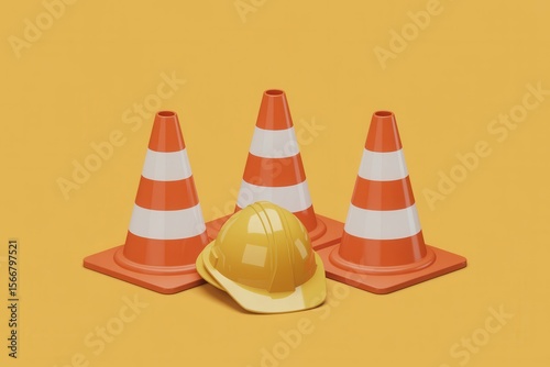 Traffic cones with hard hat 3d illustration on orange background