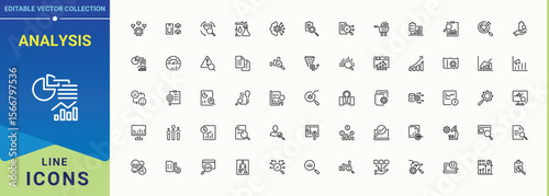 Analysis linear icon set. Outline icons pack. Project simple icon set. Includes symbols for implementation, assessment, collaboration, project, schedule and more.