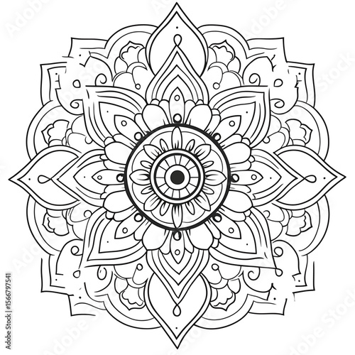 Intricate line mandala coloring page for children with geometric patterns