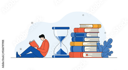 Learning takes time and dedication building knowledge one page at a time with a stack of books and an hourglass