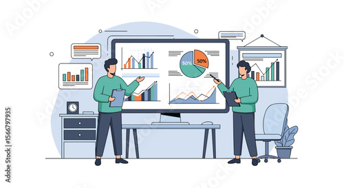 Business professionals analyzing financial data and presenting performance metrics on a large interactive display screen in an office meeting room environment.