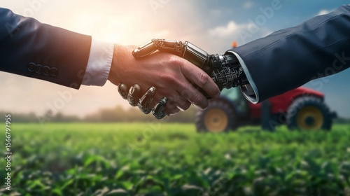 A human hand and a robotic hand shake in a field, symbolizing collaboration between technology and agriculture.