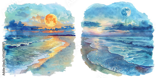 moonlight beach painting watercolor vector illustration