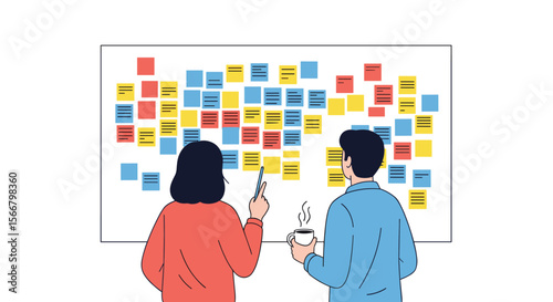 Brainstorming session in progress people planning and strategizing on a large whiteboard covered with colorful sticky notes and various ideas and tasks