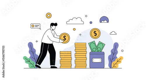 Illustrating a man carefully placing a gold coin onto a growing stack of money representing financial growth and prosperity