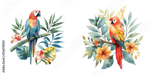 parrot and tropical leaves watercolor vector illustration
