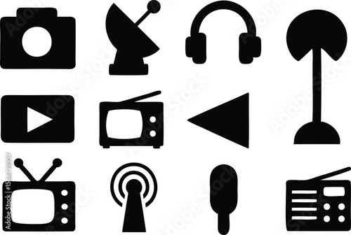 Set of communication technology icons, including camera, TV, and radio symbols