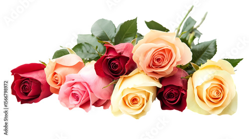 Beautiful bouquet of assorted color roses with green leaves isolated on white background