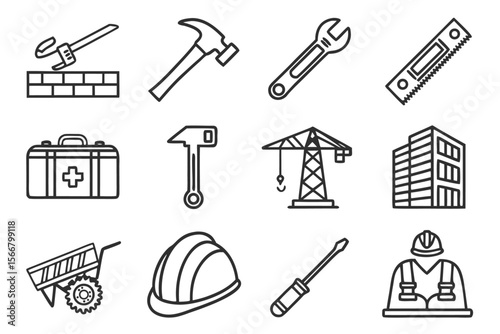 Set of 15 construction and technology icons for industry and engineering