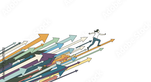 A businessperson runs forward on a path of many forward pointing arrows representing progress and success