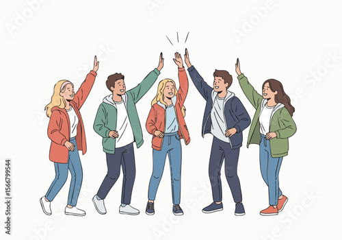 Handdrawn Outline Group of Happy People Celebrating Achievement Illustration