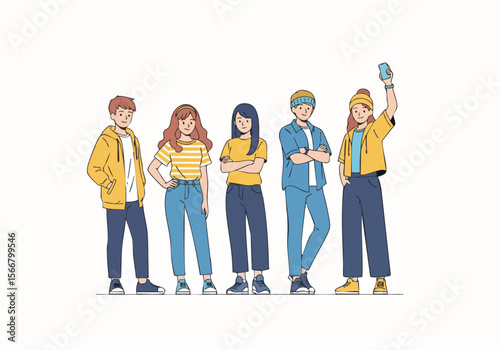 Modern Flat Style Group of Young Adult Standing Together Illustration