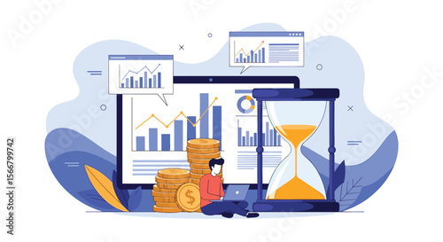 Visualizing financial growth and performance metrics over time with digital analytics tools and hourglass