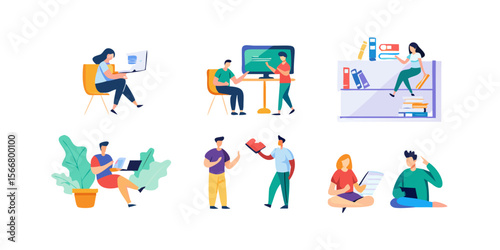 Colorful cartoon vector illustration set of diverse people including a woman with colorful hair and hands, and a man with a group of business icons