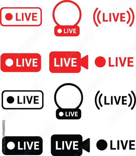 Collection of red live streaming icons for broadcast and online content creation isolated on transparent background