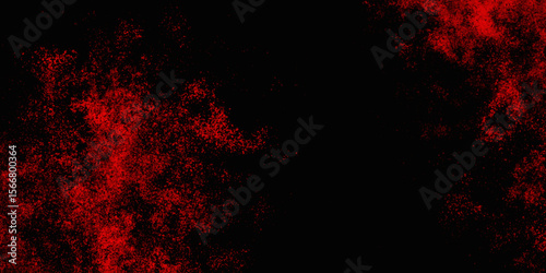 Red color powder explosion isolated on black background. Colorful dust explode. Paint Holi, dust particles splash. Network concept with spray. Futuristic technology element. 3D rendering.