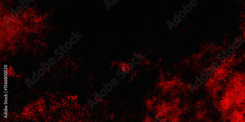 Red color powder explosion isolated on black background. Colorful dust explode. Paint Holi, dust particles splash. Network concept with spray. Futuristic technology element. 3D rendering.