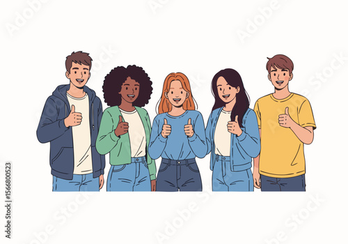 Flat Style Diverse Group People Showing Thumbs Up Gestures Illustration