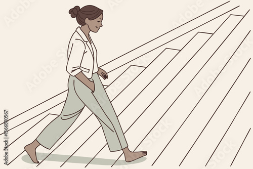 Promote foot health and wellness with this cozy image of a barefoot woman walking on sleek white wooden floors.