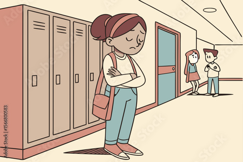 Sad young girl frowning in school hallway, ideal for anti-bullying campaigns, education awareness, or youth mental health support.