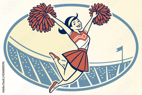 Retro pin-up cheerleader sketch with playful pose, ideal for promoting vintage sports spirit, retro fashion, or themed merchandise.