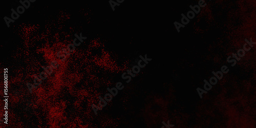 Red color powder explosion isolated on black background. Colorful dust explode. Paint Holi, dust particles splash. Network concept with spray. Futuristic technology element. 3D rendering.