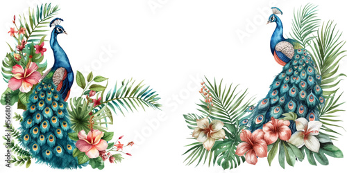 peacock bird and tropical leaves watercolor vector illustration