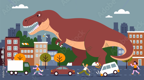 Godzilla vector illustration depicting giant tyrannosaurus rex in battle on a destroyed city street. Ideal for posters, tshirts, and illustrations.