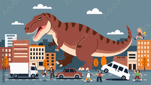 Godzilla vector illustration depicting giant tyrannosaurus rex in battle on a destroyed city street. Ideal for posters, tshirts, and illustrations.