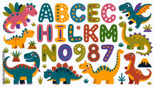 Godzilla vector colorful dinosaurs numbers and letters for kids educational materials. Suitable for educational resources and childrens products.