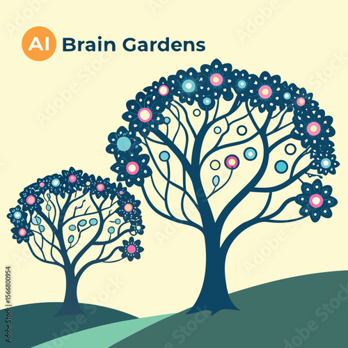 Illustration of two stylized trees with flower like foliage and a path in a garden setting art