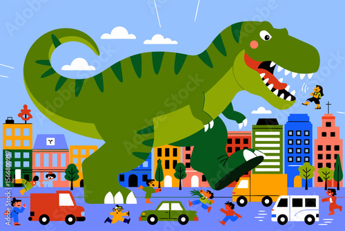Title Godzilla vector  friendly trex interacts with miniature city dwellers. Suitable for childrens storybooks, posters, and educational materials.