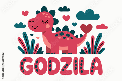Cute pink dinosaur vector with hearts and clouds, perfect for kids designs or Valentines Day themes in graphic projects.