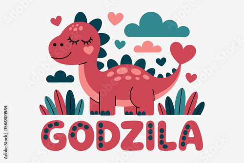 Cute pink dinosaur vector with hearts and clouds, perfect for kids designs or Valentines Day themes in graphic projects.