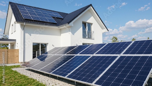 Modern Solar Panels Installed on a Las Vegas Nevada Home Under Clear Blue Sunny Sky, Solar Photography, Solar Powered Clean Energy, Sustainable Resources, Electricity Source See Less