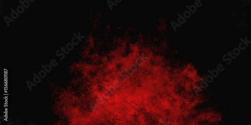 Red color powder explosion isolated on black background. Colorful dust explode. Paint Holi, dust particles splash. Network concept with spray. Futuristic technology element. 3D rendering.