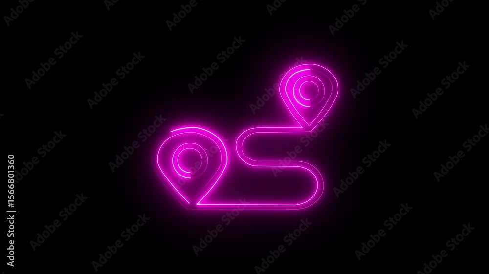 Glowing neon location sign icon and navigation map pin animation. Two location point connection with neon lines arrow direction . 