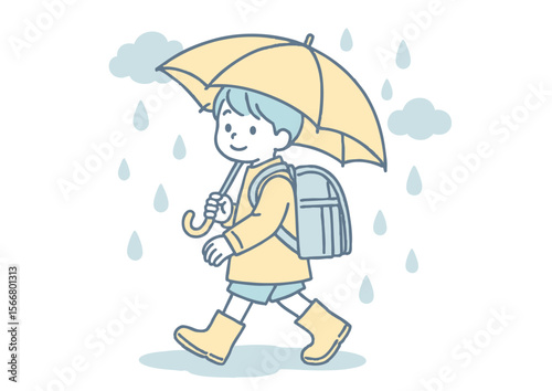 雨の日に登校する小学生男児のイラスト（梅雨・傘・長靴）