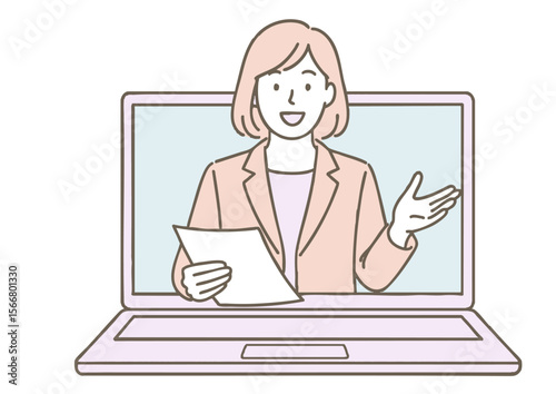 オンライン会議・授業中に話すビジネスウーマンのイラスト