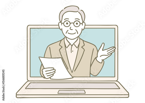 オンライン会議で話すシニア男性のイラスト