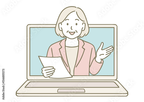 オンライン会議で話すシニア女性のイラスト