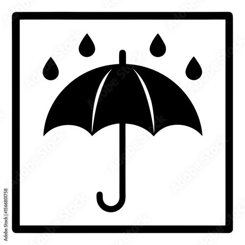 vector icon of an umbrella with raindrops above, inside a square border, isolated on white background