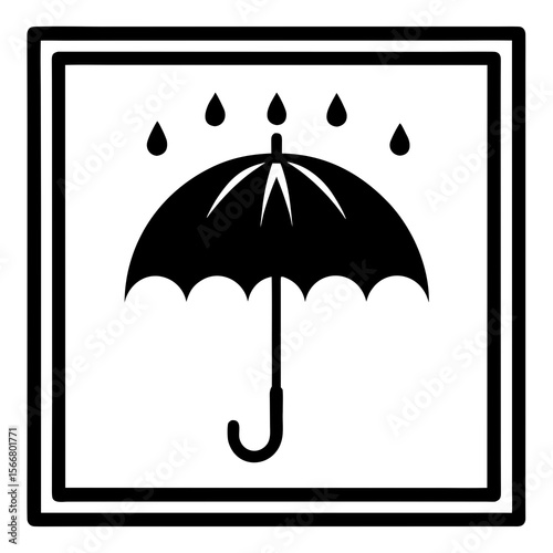 vector icon of an umbrella with raindrops above, inside a square border, isolated on white background