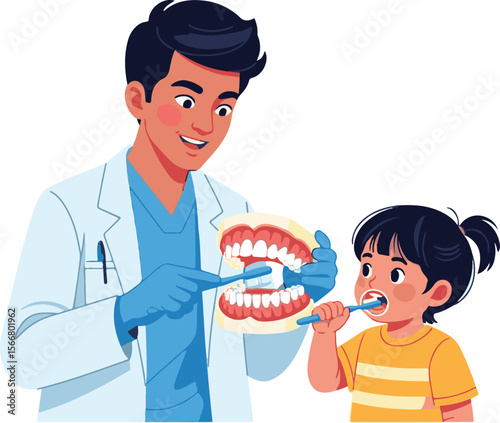 Dentist teaching young girl proper brushing technique using a model jaw.