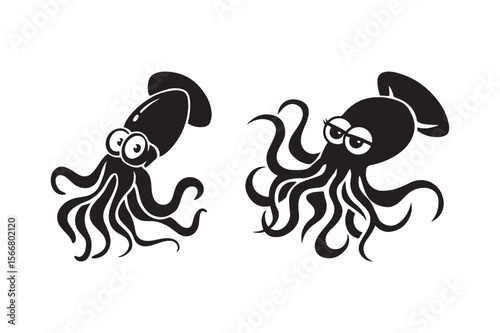 Cartoon squids with big eyes and tentacles on a white background